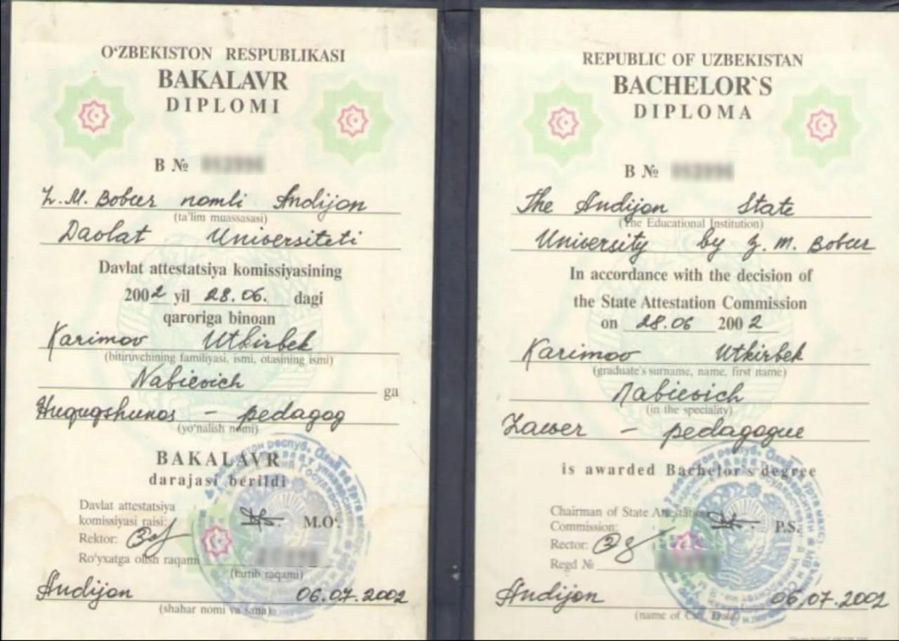 Диплом бакалавра Узбекского государственного университета мировых языков